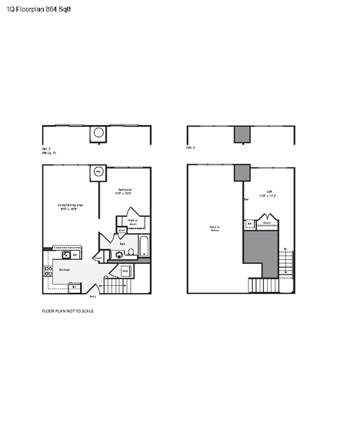 Floor plan for 1 bed, 1 bath, 864 sqft